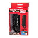 Size Matters Sheath Sensations Enhancer Sex Sleeve Black in packaging, designed for better pleasure with textured surface.