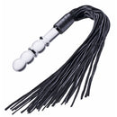 Prisms Erotic Glass Lingam Glass Dildo Flogger Black featuring a sleek glass handle and soft black falls for impact play.