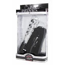 Prisms Erotic Glass Lingam Glass Dildo Flogger Black in packaging with glass handle and flogger falls.