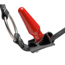 Premium Locking Leather Cock Ring and Anal Plug Harness with a red plug and black leather straps.