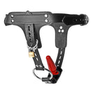 Premium Locking Leather Cock Ring and Anal Plug Harness featuring a red plug and black leather design.