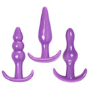 Trinity Vibes 3 Piece Anal Play Kit Purple featuring three beginner-friendly butt plugs in different shapes.