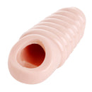 Size Matters Really Ample Ribbed Penis Enhancer Sheath in a close-up view showcasing its ribbed design and open-ended structure.