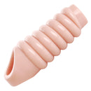 Size Matters Really Ample Ribbed Penis Enhancer Sheath showing ribbed texture and open-ended design for enhanced pleasure.