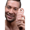 Man smiling while holding Size Matters Really Ample Ribbed Penis Enhancer Sheath.