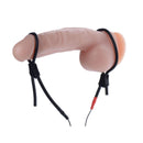 Vigor II Cock and Ball Ties and Frenum Electro Stimulator on a silicone model with adjustable ties.