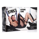 STRICT Extreme Sling Bondage Sex Swing Black packaging featuring a man demonstrating its use for intense bondage play.