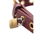 Close-up of the Strict Leather Luxury Burgundy Locking Collar featuring brass lock and premium leather design.