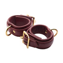Strict Leather Luxury Burgundy Locking Wrist Cuffs with gold metal hardware and premium leather for secure restraint.