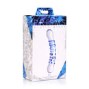 Prisms Blu 5.5 Inch Dual Ended Glass Dildo packaging featuring smooth and textured design for versatile pleasure.