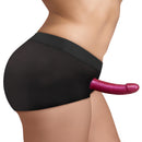 Strap U Mod Strap On Harness with Built In O Ring 2XL Black worn on a model with a dildo inserted.