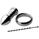 Zeus Voltaic For Him Stainless Steel Male E-stim Kit components including cock ring and urethral attachment.