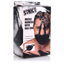 STRICT Mouth Harness with Ball Gag Black packaging showcasing adjustable straps and removable ball gag for bondage play.
