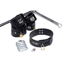 Master Series Imprisoned Metal Stockade with Dildo restraint accessories including cuffs and locking mechanism.