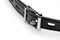 Close-up of a black leather collar with a shiny silver buckle, ideal for BDSM play and bondage.