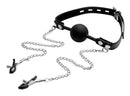Strict Silicone Ball Gag with Nipple Clamps for BDSM play, enhancing pleasure and submission in the bedroom.