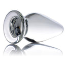 Prisms Erotic Glass Ember Weighted Tapered Anal Plug showcased in clear borosilicate glass with smooth tapering design.