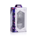 Prisms Molten Wide Glass Butt Plug Clear in packaging showcasing its design for erotic use.