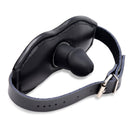 Strict Leather Padded Silicone Penis Mouth Gag Black with adjustable strap and silicone insert for bondage play.