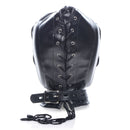 STRICT Bondage Hood with Penis Gag Black showing detailed design with padded ears and lace-up back.