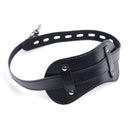 STRICT Bondage Hood with Penis Gag Black headgear for sensory play, featuring padded ear muffs and adjustable fasteners.