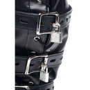 Detailed view of STRICT Bondage Hood with Penis Gag Black showcasing locks and buckle design.