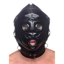 STRICT Bondage Hood with Penis Gag Black features padded ears and a penis-shaped gag for sensory play.