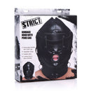 STRICT Bondage Hood with Penis Gag Black packaging showcasing removable blindfold and gag features.