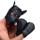 Man wearing a dog mask and Strict Leather Padded Puppy Mitts, ready for puppy play scenes.