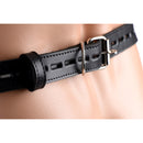 Strict Leather Spiked Confinement Jockstrap Black leather strap detail with buckle for locking mechanism.
