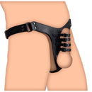 STRICT PU Leather Male Chastity Harness Black displayed on a model's waist with a secure strap design for dominance and control.