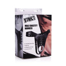 STRICT PU Leather Male Chastity Harness Black packaging featuring adjustable straps and a metal front ring.