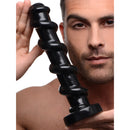 Master Cock Mighty Screw 9.5 Inch Dildo Black held by a man, showcasing its bold spiral design and sleek surface.