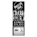 Master Cock Mighty Screw 9.5 Inch Dildo Black packaging information and features displayed professionally.