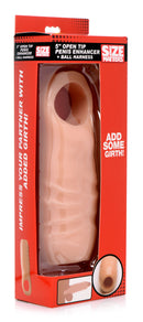 Size Matters 5 Inch Open Tip Penis Extension Flesh product packaging featuring the open tip enhancer.