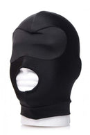 Black fetish mask for role play and BDSM, designed for a secure fit and enhanced sensory experience.