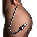 Master Series Beaded Stainless Steel Anal Hook Grey held against skin with three stimulating beads for enhanced pleasure.