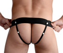 Master Series Pumper Inflatable Hollow Strap On Black worn from behind, showcasing adjustable black straps and a natural look.