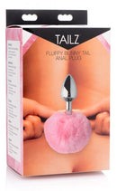 Tailz Fluffy Bunny Tail Anal Plug packaging showcasing the cute pink bunny tail and smooth metal base.