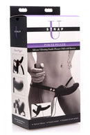 Strap U Power Pegger Vibrating Double Dildo with Harness Black packaging showcasing features and design.