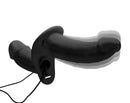 Strap U Power Pegger Vibrating Double Dildo with Harness Black for couples' shared pleasure and stimulation.