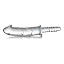 Master Series Battle Rammer Phallic Glass Thruster Dildo, clear borosilicate glass with a veined design.