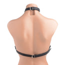 Back view of Strict Leather Harness Bra Black showcasing leather straps and chrome buckle details.