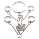 Master Series 5 Piece Stainless Steel Shackle Set Large featuring collar, wrist cuffs, and ankle cuffs with chains.