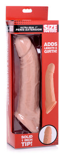 Size Matters Ultra Real 1 Inch Solid Tip Penis Extension packaging showcasing added length and girth features.