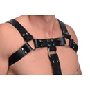 Strict Leather English Bull Dog Harness with Cock Strap displayed on a model's torso.