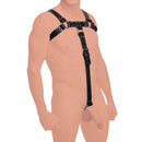 Strict Leather English Bull Dog Harness with Cock Strap on a model showcasing its bold design and masculine aesthetic.