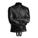 STRICT Medium Unisex Leather Straight Jacket Restraint showcasing a black leather-like design with secured buckles.