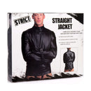 STRICT Medium Unisex Leather Straight Jacket Restraint product packaging display featuring a model in straight jacket.