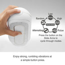 Hand holding the Flip 0-Zero Electronic Vibration Stroker showing vibration modes and button for easy use.